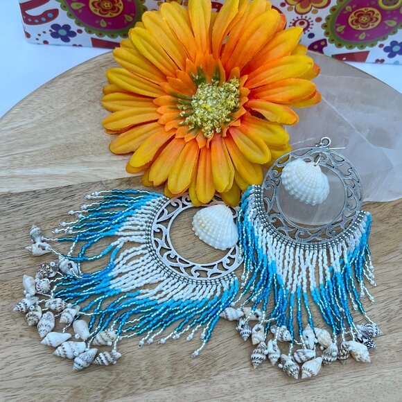 Handmade Beaded Large Long Tassel Fringe Dangle Drop Mermaid Post Shell Earrings - Picture 6 of 9